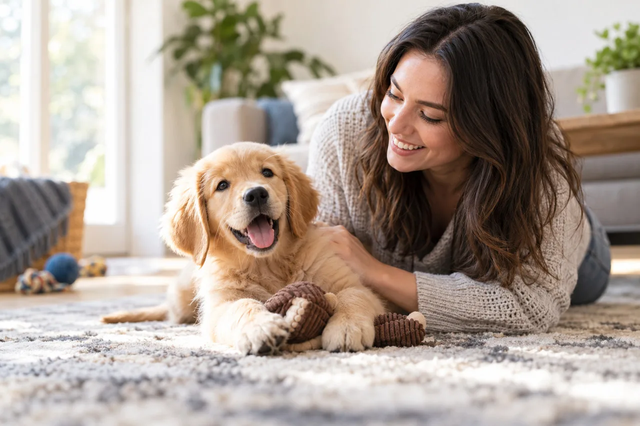 Owner resting beside a golden-colored dog at home