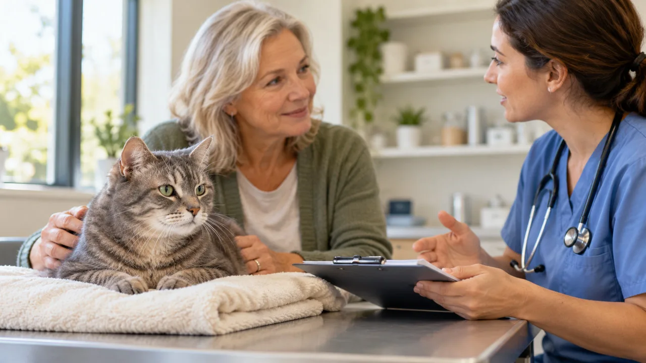 Tabby cat resting on a towel while its owner talks with a veterinarian holding a clipboard